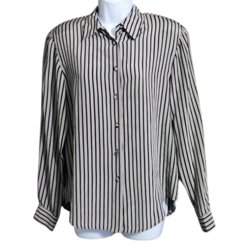 Allison Taylor Silk NWT Vintage Black and White Striped Button Up Top